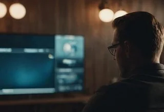 Mann Blick auf einen Monitor, auf dem er einen Homepagebaukasten bedient